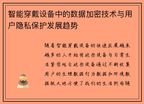 智能穿戴设备中的数据加密技术与用户隐私保护发展趋势